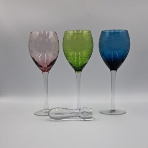 Set of Three Colored Etched Wine Glasses with Clear Stopper